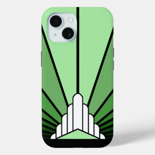 Art deco sun in green iPhone 15 case