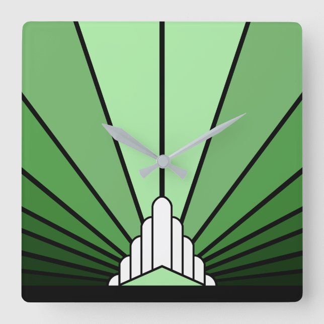 Art deco sun in green square wall clock (Front)