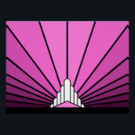Art deco sun in pink poster<br><div class="desc">A classic art deco style sun pattern in pink. 

An iconic pattern of the sun rising from behind a stylised art deco shaped building. A simple yet elegant design,  true to the era.</div>