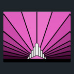 Art deco sun in pink poster<br><div class="desc">A classic art deco style sun pattern in pink. 

An iconic pattern of the sun rising from behind a stylised art deco shaped building. A simple yet elegant design,  true to the era.</div>