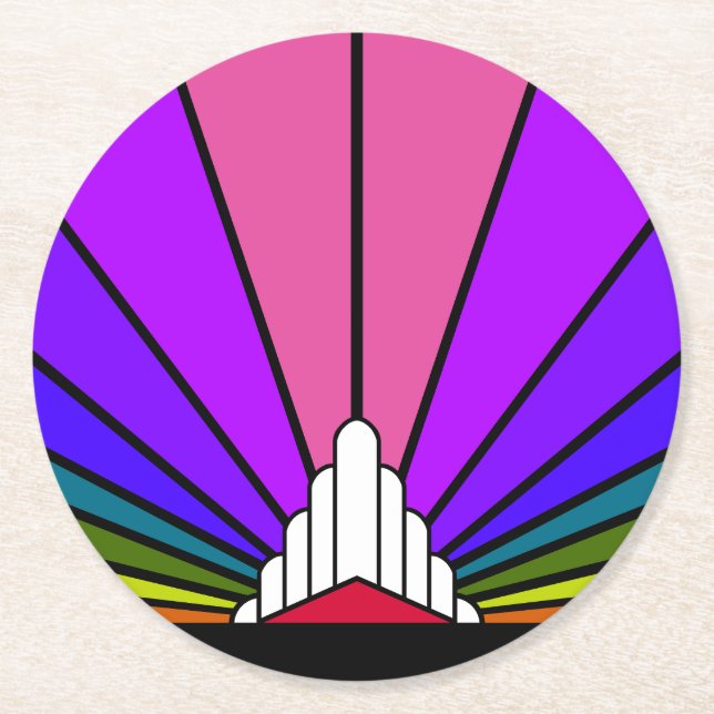 Art deco sun in rainbow round paper coaster (Front)