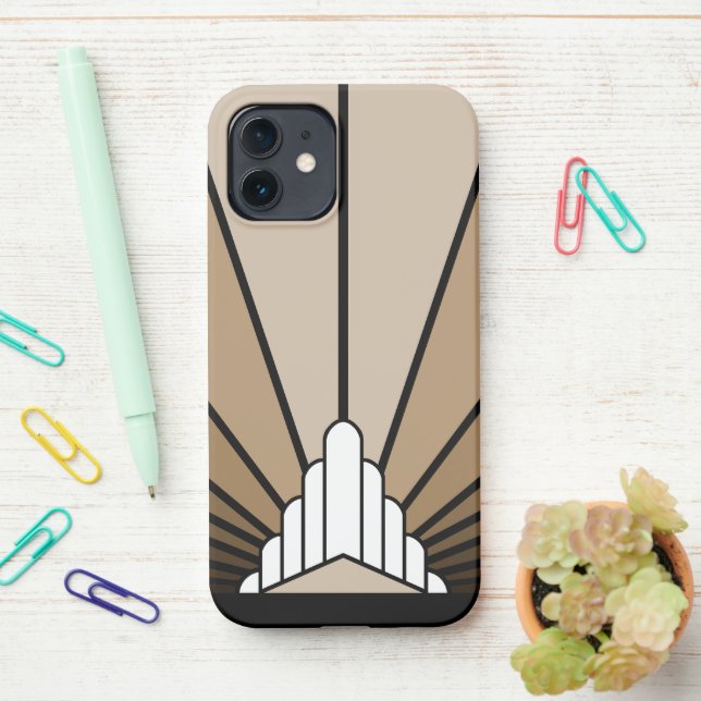 Art deco sun in tan iPhone case (On Desk)