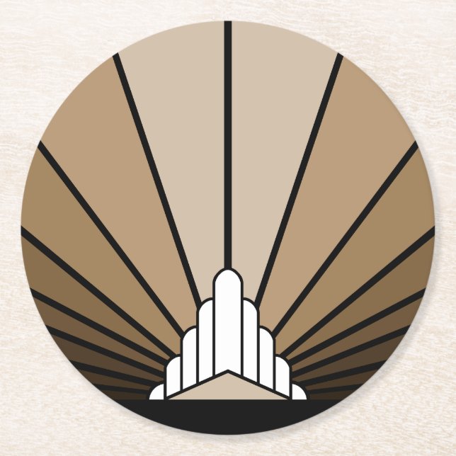 Art deco sun in tan round paper coaster (Front)