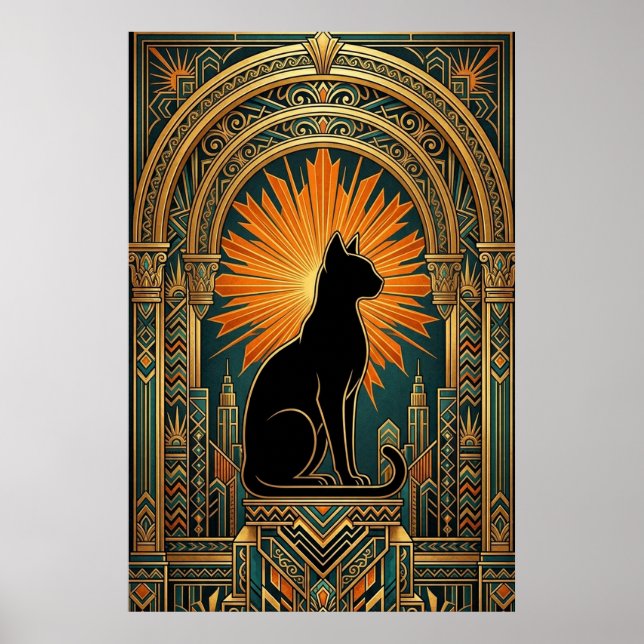 Art Deco Sunburst Black Cat Wall Art (Front)