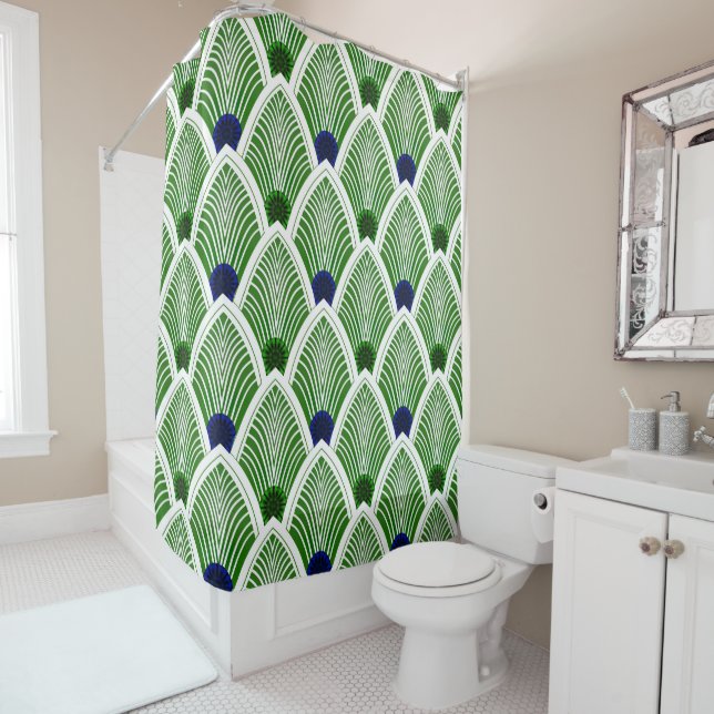 Art Deco Sunburst Fan in Cool Lime Green Shower Curtain (In Situ)