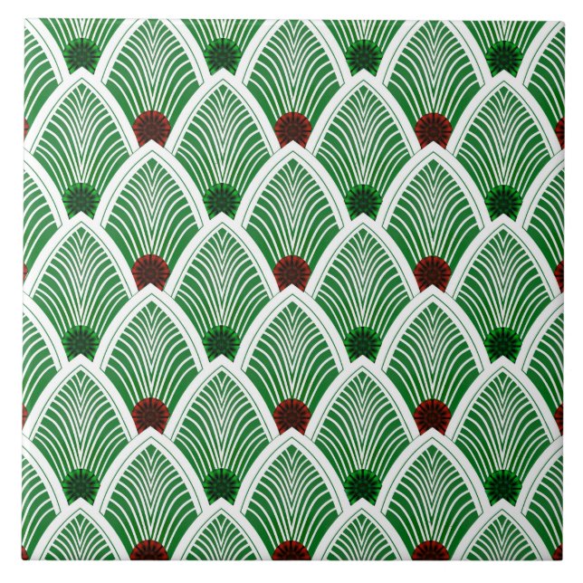 Art Deco Sunburst Fan in Cool Summer Green Ceramic Tile (Front)