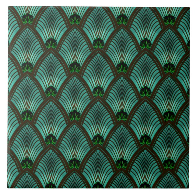 Art Deco Sunburst Fan in Metallic Green Ceramic Tile (Front)