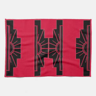 Art Deco Sunburst Pattern in Red and Black Tea Towel