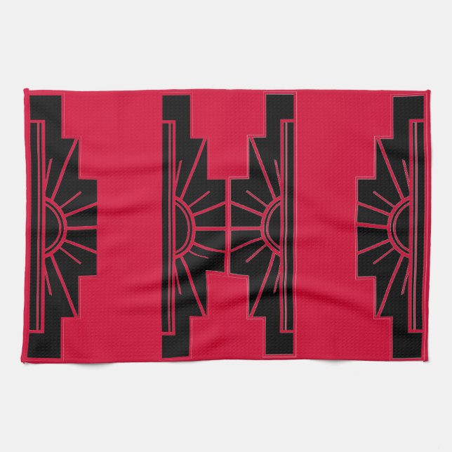 Art Deco Sunburst Pattern in Red and Black Tea Towel (Horizontal)