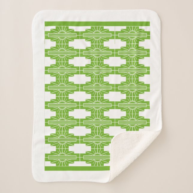 Art Deco Sunburst Pattern in White and Lime Sherpa Blanket (Front)