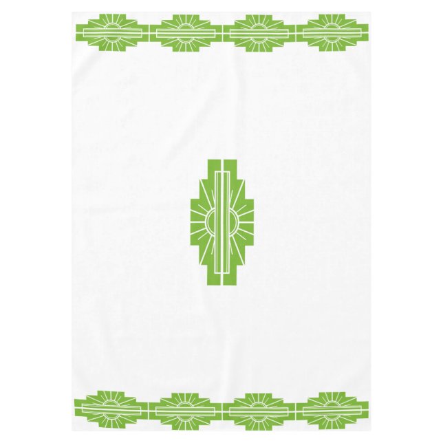 Art Deco Sunburst Pattern in White and Lime Tablecloth (Front)