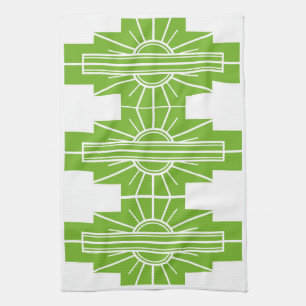 Art Deco Sunburst Pattern in White and Lime Tea Towel