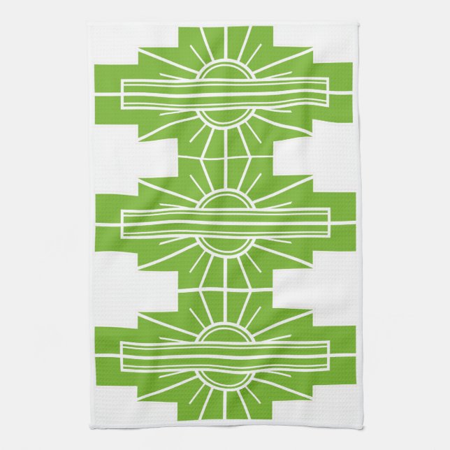 Art Deco Sunburst Pattern in White and Lime Tea Towel (Vertical)