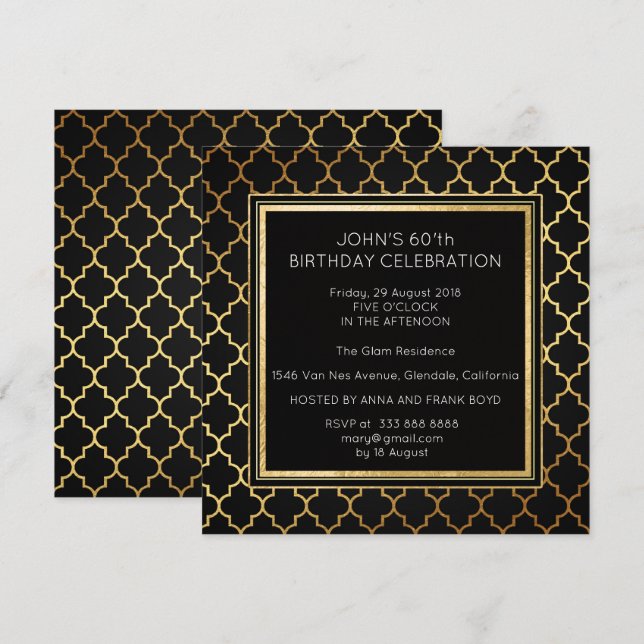Art Deco Suprise Birthday Party Black Golden Foil Invitation (Front/Back)