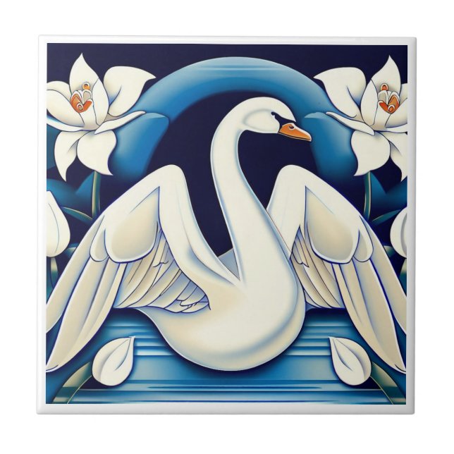 Art Deco Swan and Lilies Ceramic Tile (Front)