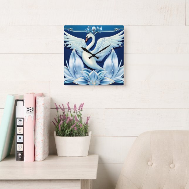 Art Deco Swan and Lilies Throw Pillow Square Wall Clock (Reading Room)