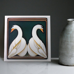 Art Deco Swan Floral Wall Decor Art Nouveau Ceramic Tile