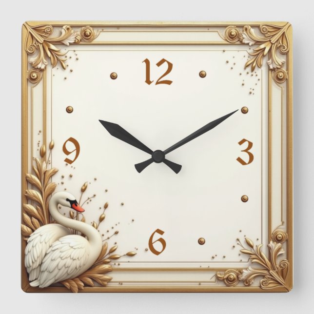 Art Deco Swan Square Wall Clock (Front)