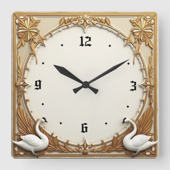 Art Deco Swan Square Wall Clock (Front)