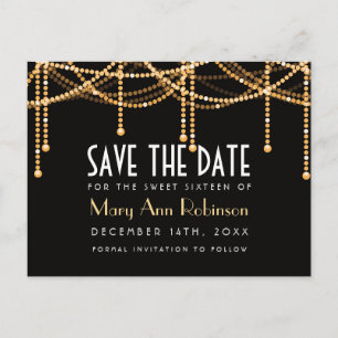 Art Deco Sweet 16 Save The Date Gold String Lights Announcement Postcard