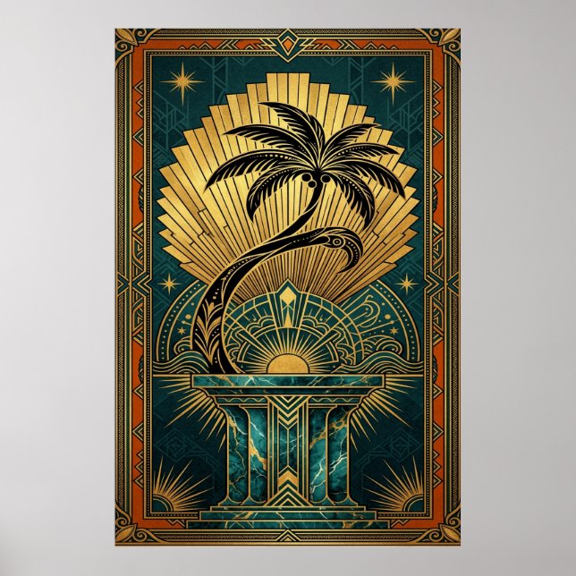 Art Deco Symmetrical Tree of Life Gold Teal Poster (Front)