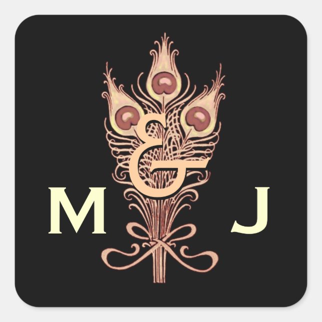 Art Deco Tan Peacock Feathers Monogram Wedding Square Sticker (Front)