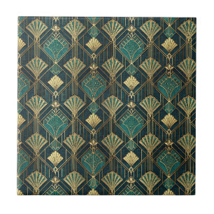 Art Deco Teal and Gold Geometric Abstract Pattern Ceramic Tile