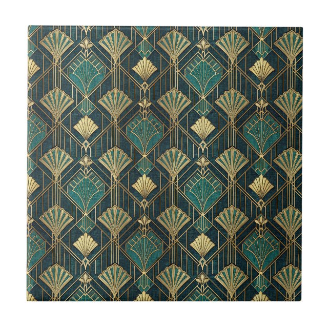 Art Deco Teal and Gold Geometric Abstract Pattern Ceramic Tile (Front)