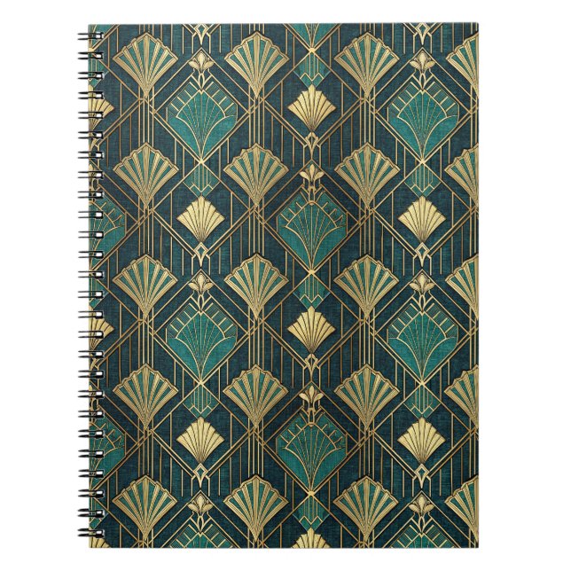 Art Deco Teal and Gold Geometric Abstract Pattern Notebook (Front)