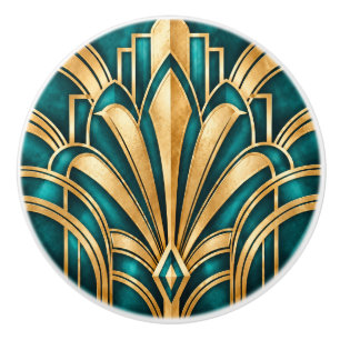 Art Deco Teal and Gold Geometric Drawer Knob