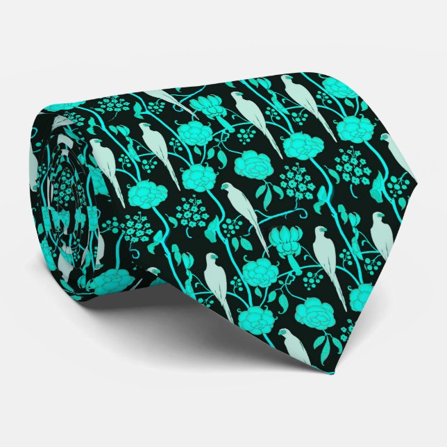 ART DECO TEAL BLUE FLOWERS,WHITE PARROTS ON BLACK TIE (Rolled)