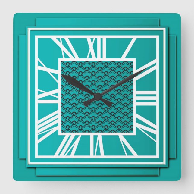 Art Deco, teal blue Square Wall Clock (Front)