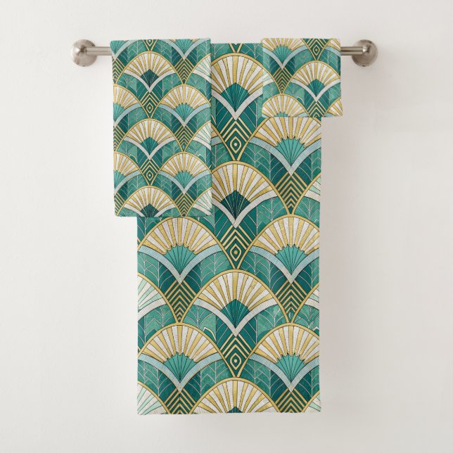 Art Deco Teal Fan Bath Towel Set (Insitu)