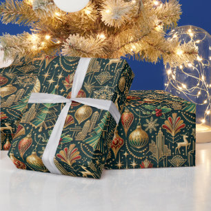 Art Deco Teal Gold Christmas Ornament Illustration Wrapping Paper