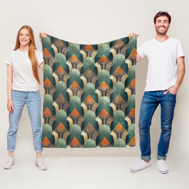 Art Deco Teal & Gold Geometric Pattern (2) Fleece Blanket (In Situ)