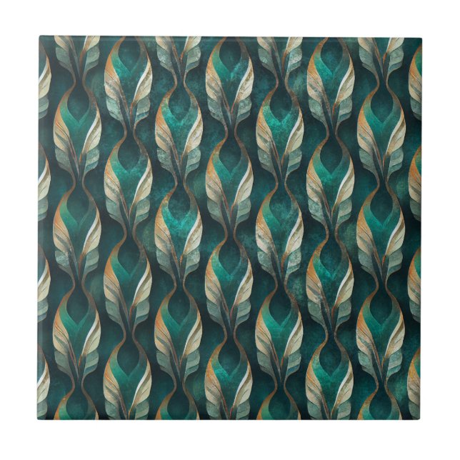 Art Deco Teal & Gold Geometric Pattern (7) Ceramic Tile (Front)