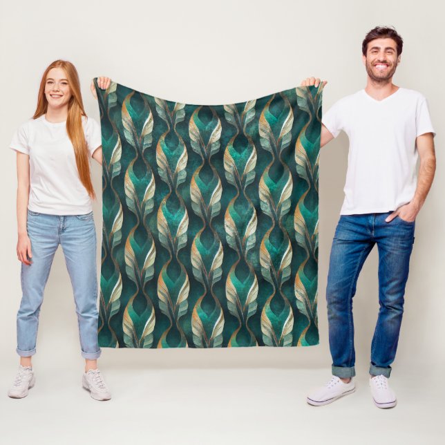 Art Deco Teal & Gold Geometric Pattern (7) Fleece Blanket (In Situ)