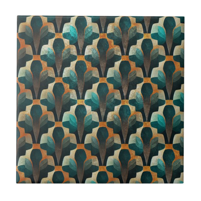 Art Deco Teal & Gold Geometric Pattern Ceramic Tile (Front)
