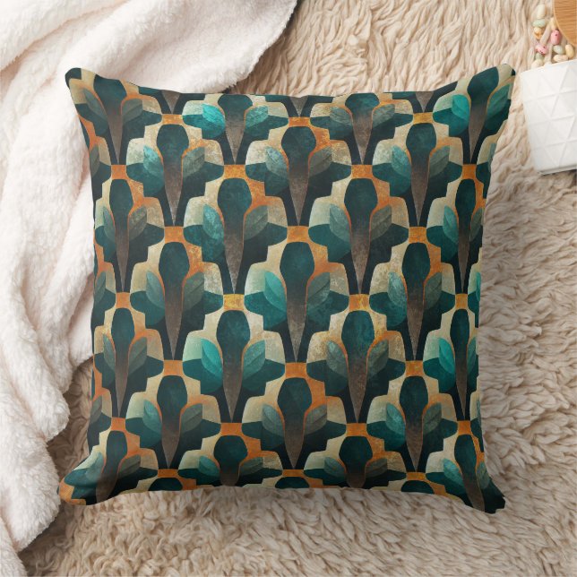 Art Deco Teal & Gold Geometric Pattern Cushion (Blanket)