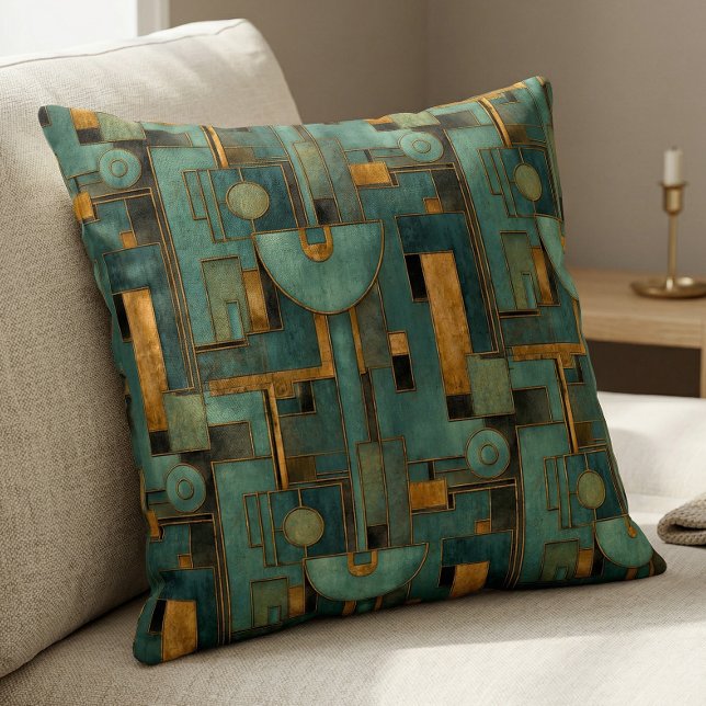 Art Deco Teal Gold Geometric Pattern Cushion (Creator Uploaded)