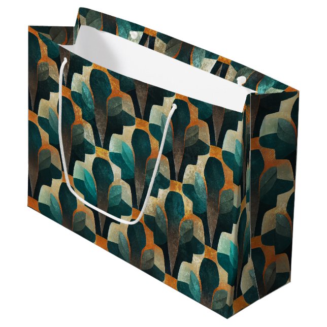 Art Deco Teal & Gold Geometric Pattern Large Gift Bag (Front Angled)