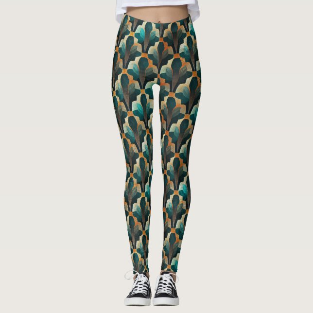 Art Deco Teal & Gold Geometric Pattern Leggings (Front)