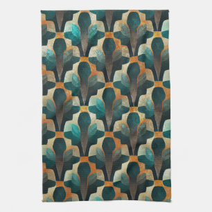 Art Deco Teal & Gold Geometric Pattern Tea Towel