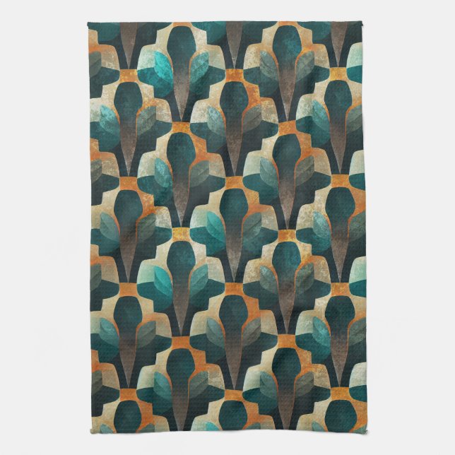 Art Deco Teal & Gold Geometric Pattern Tea Towel (Vertical)