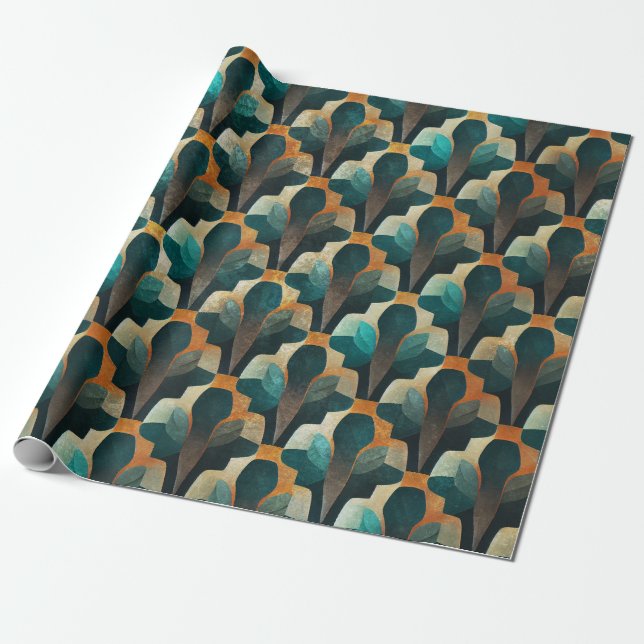 Art Deco Teal & Gold Geometric Pattern Wrapping Paper (Unrolled)