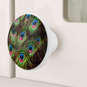 art deco teal green turquoise peacock feather ceramic knob