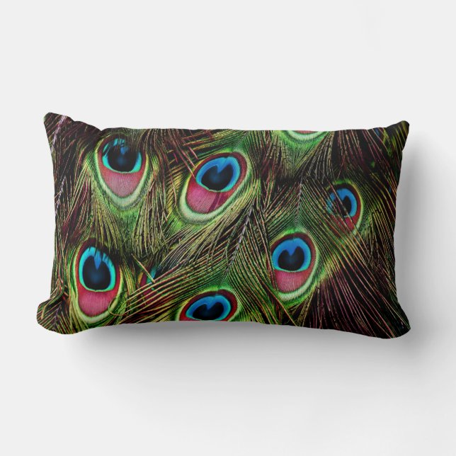 art deco teal green turquoise peacock feather lumbar cushion (Front)