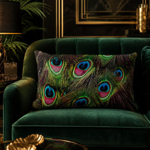 art deco teal green turquoise peacock feather lumbar cushion