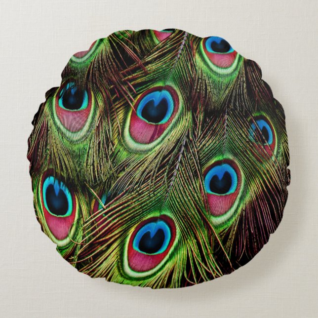 art deco teal green turquoise peacock feather round cushion (Front)