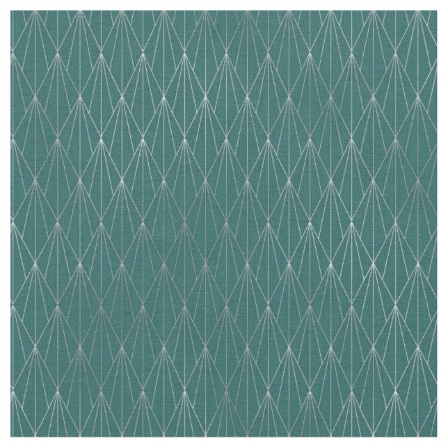 Art Deco Teal Silver Diamond Fan Fabric (Close Up)